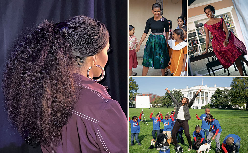 Photos of Michelle Obama's ponytail, in a red dress, and in front of the White House